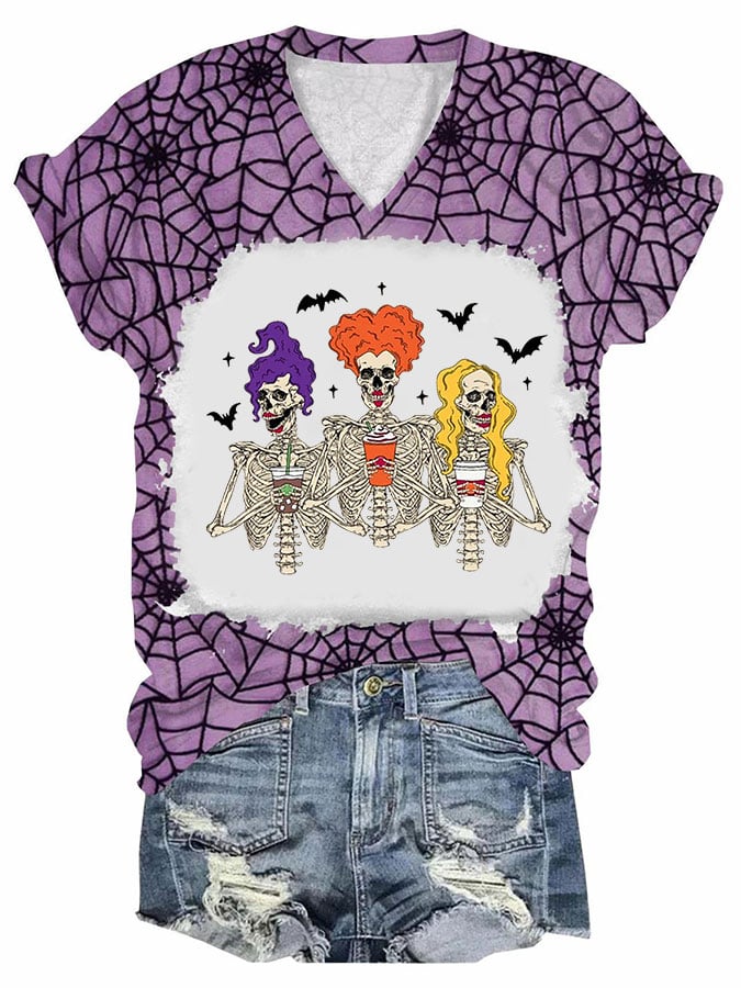Women's Cool Halloween Salem Witch Print V-neck T-shirt