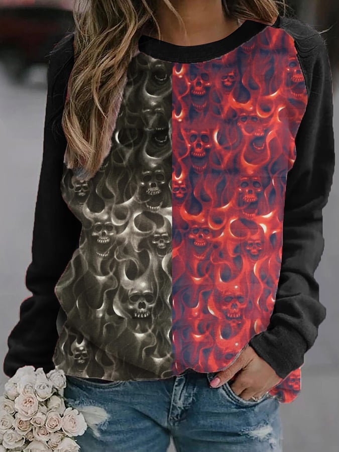 Day Of The Dead Black And Red Flame Skull Print T-Shirt