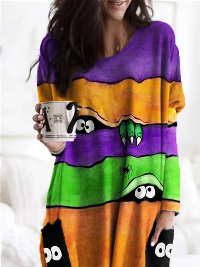 Fashion Pocket Halloween Peek Monster Print Long Sleeve Top