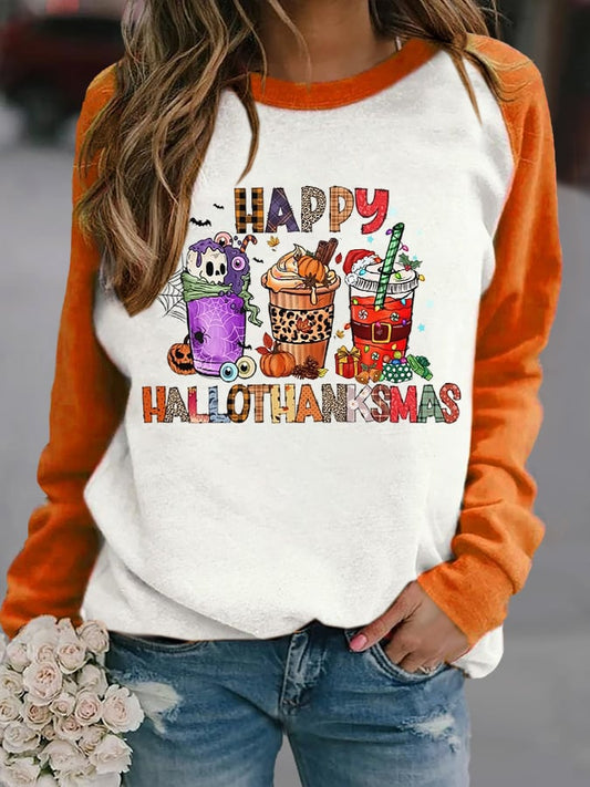 Happy Hallothanksmas Pumpkin Drink Skull Print Sweatshirt