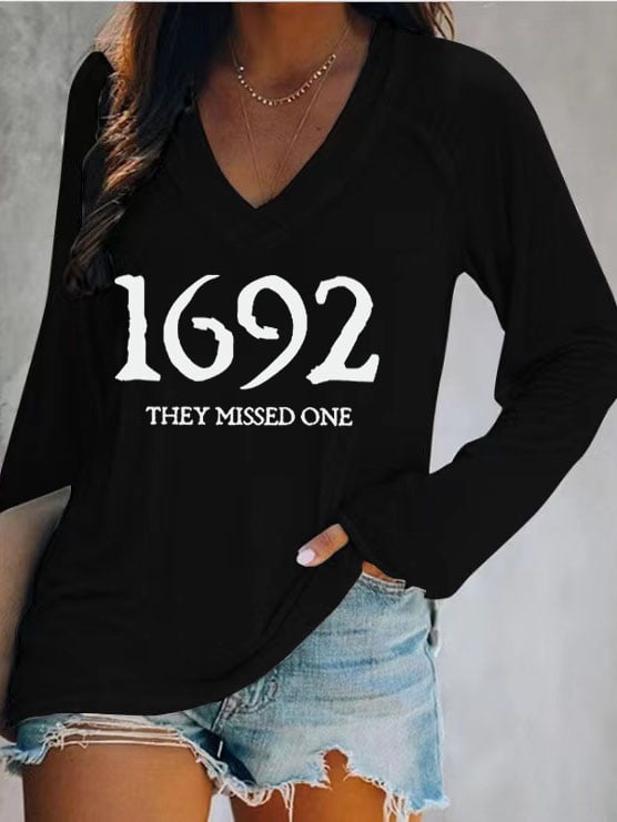 Women's 1692 They Missed One Salem Witch Casual V-Neck Long-Sleeve T-Shirt