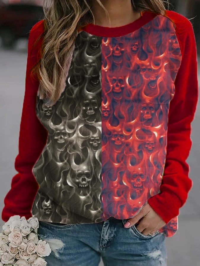 Day Of The Dead Black And Red Flame Skull Print T-Shirt
