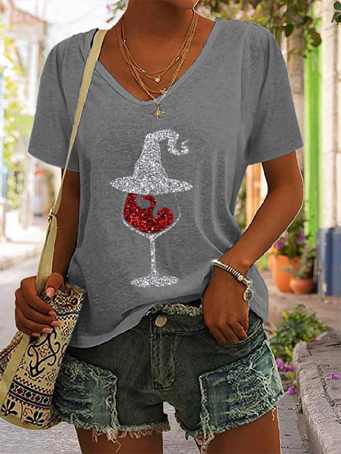 Women's Halloween Red Wine Glass Print Casual T-Shirt