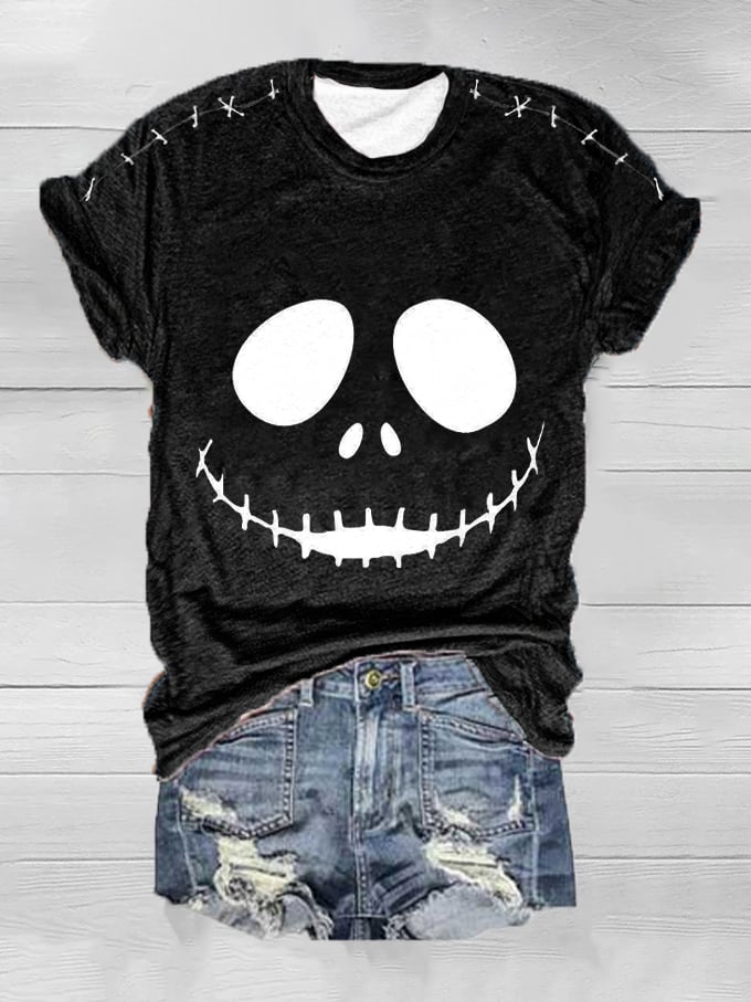 Women's Halloween Grimace Stitched Print T-Shirt