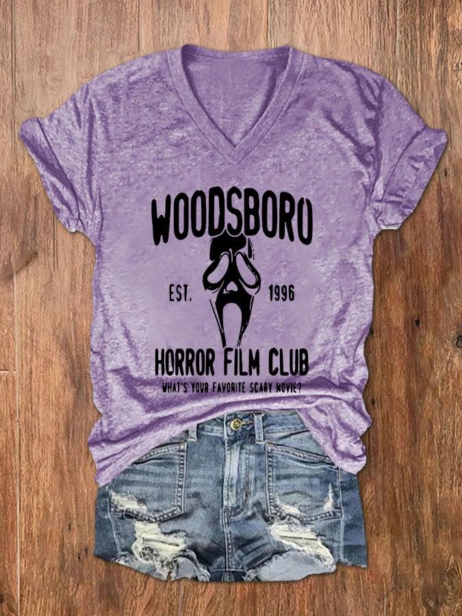 Women's Woodsboro Horror Film Club Scream Ghost Print V-Neck T-Shirt