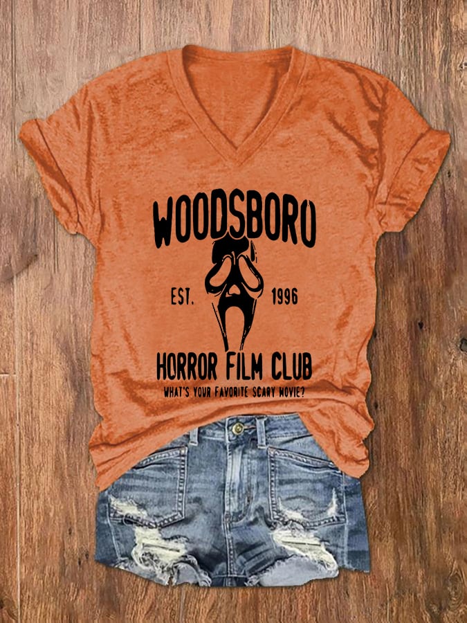 Women's Woodsboro Horror Film Club Scream Ghost Print V-Neck T-Shirt