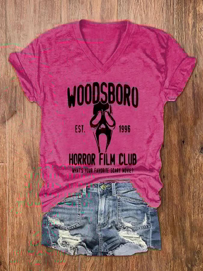 Women's Woodsboro Horror Film Club Scream Ghost Print V-Neck T-Shirt