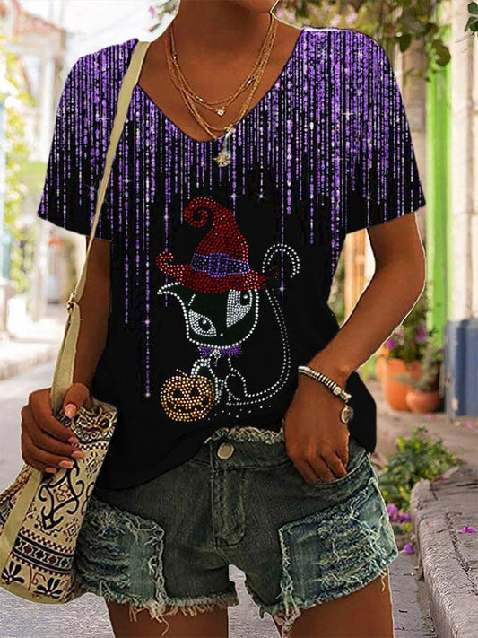 Women's Witch Hat Cat Pumpkin Print V-Neck T-Shirt