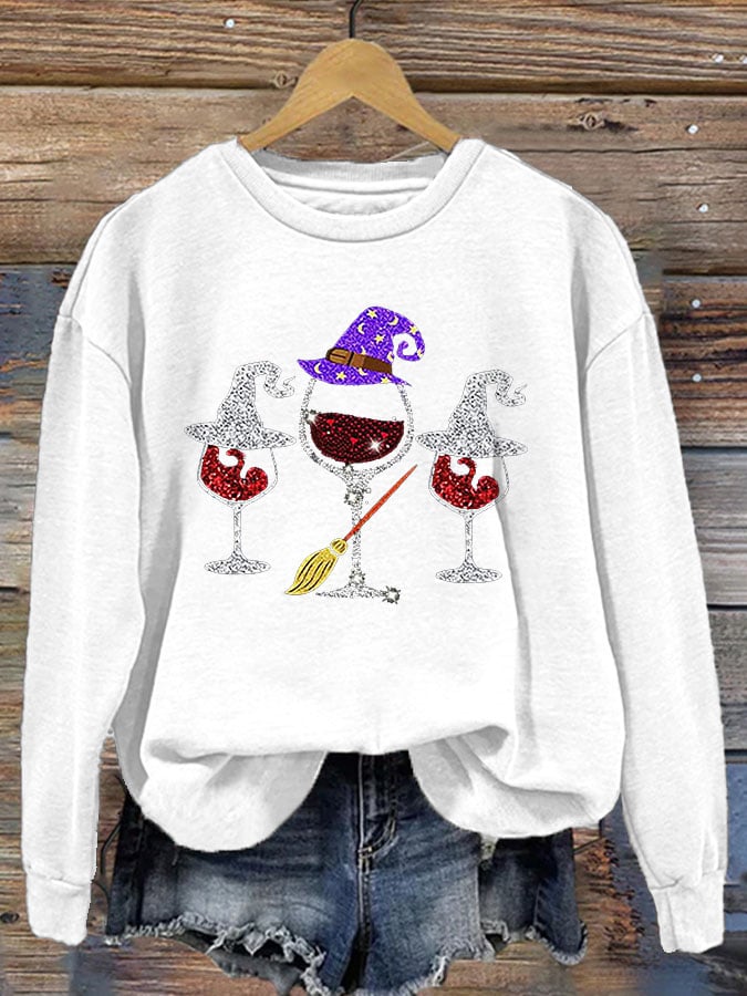 Women's Casual Halloween Wine Glass Print Long Sleeve Sweatshirt