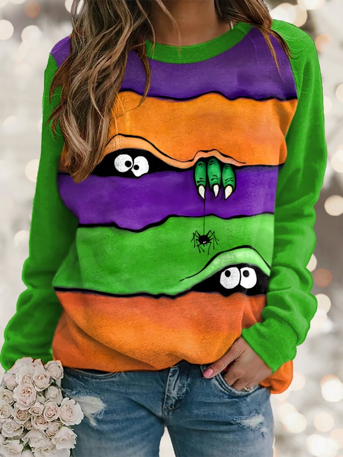 Women's Halloween Peek Monster Print Long Sleeve Sweatshirt