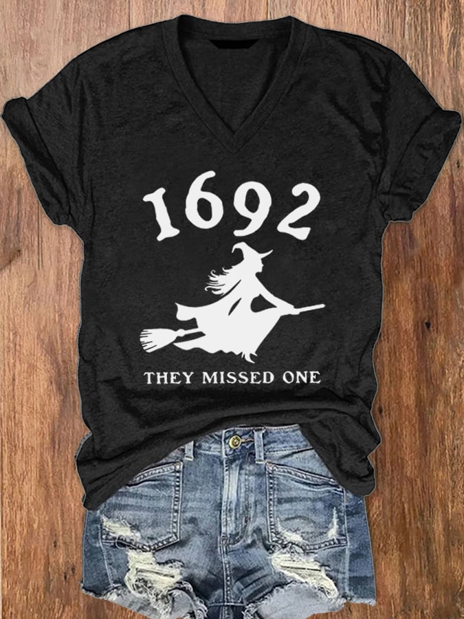Women's 1692 Witch They Missed One Print V-Neck T-Shirt