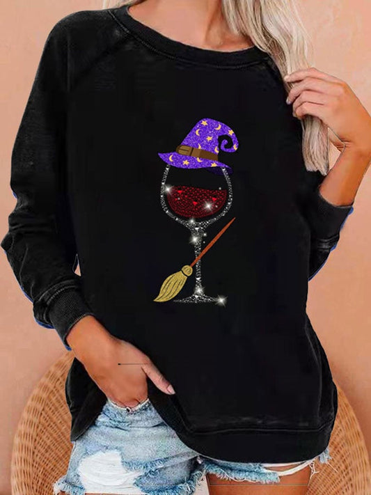 Women's Halloween Red Wine Glass Print Sweatshirt