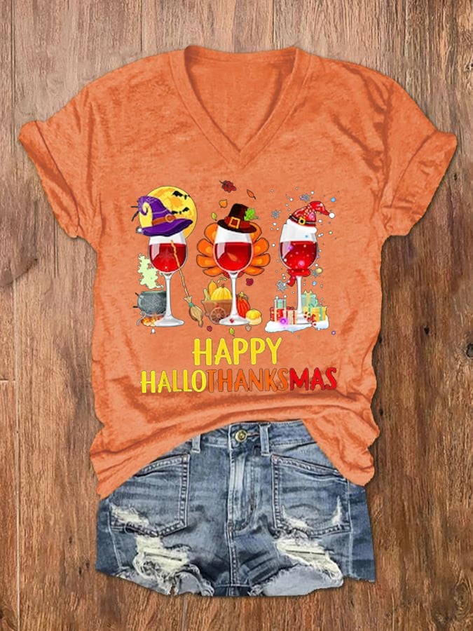 Women's Happy Hallothanksmas Wine Glass Casual V-Neck Tee