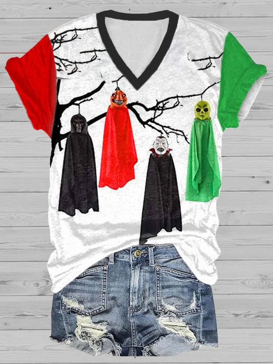 Women's Ghost Art Print Casual V-Neck Short Sleeve T-Shirt