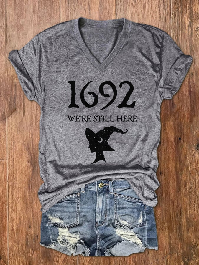Women's Salem 1692 We're Still Here Print V-Neck T-Shirt