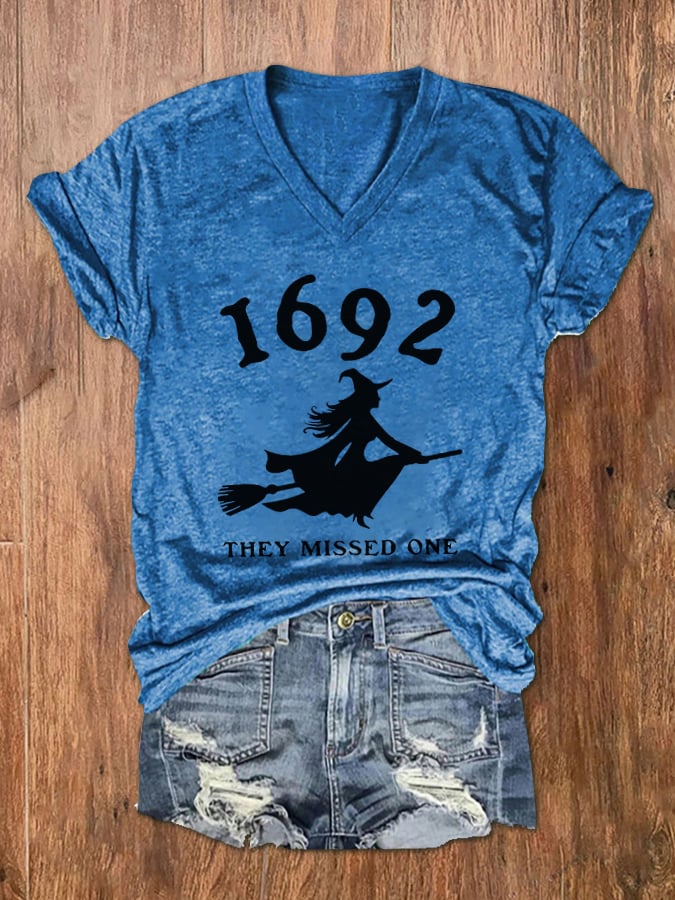 Women's 1692 Witch They Missed One Print V-Neck T-Shirt