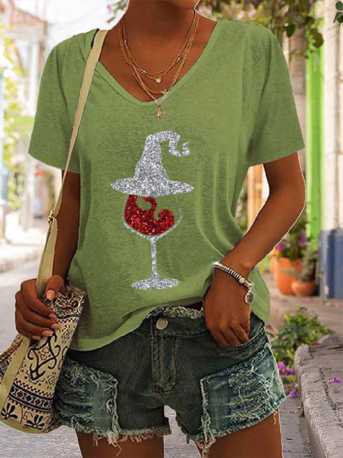 Women's Halloween Red Wine Glass Print Casual T-Shirt