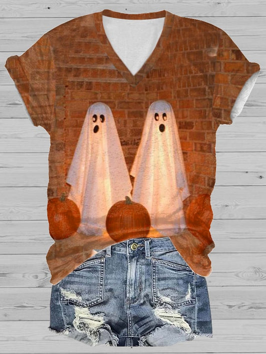 Women's Ghost Art Print Casual V-Neck Short Sleeve T-Shirt