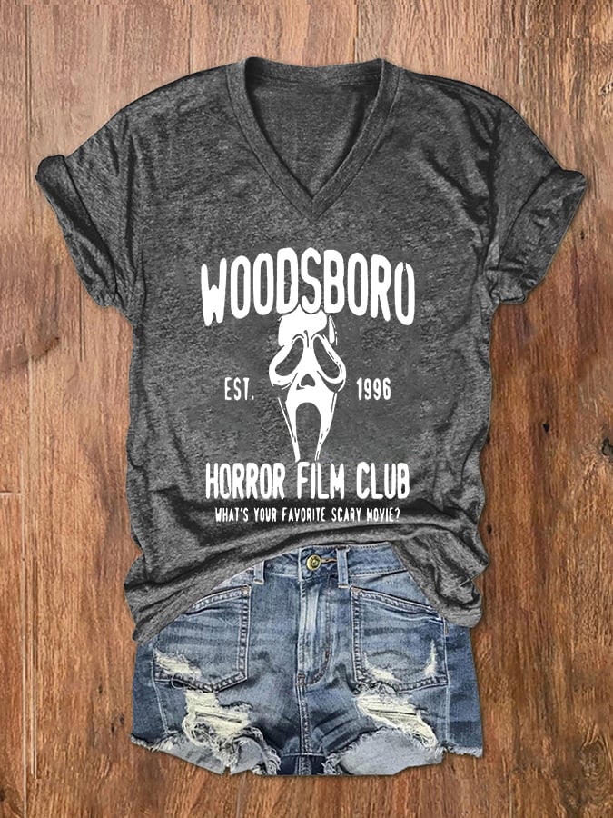 Women's Woodsboro Horror Film Club Scream Ghost Print V-Neck T-Shirt