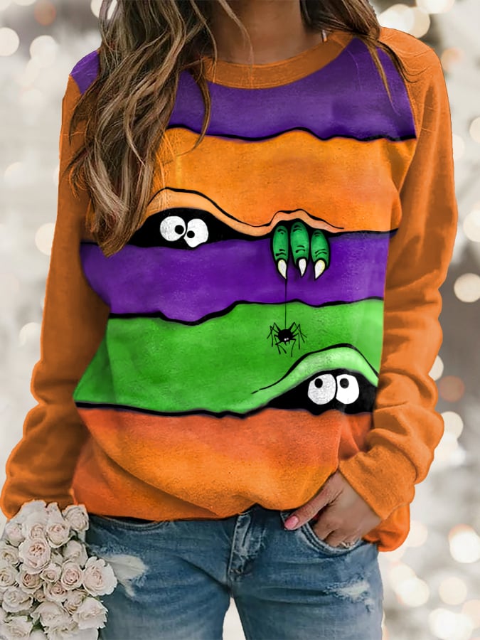 Women's Halloween Peek Monster Print Long Sleeve Sweatshirt