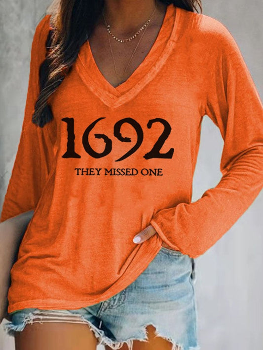 Women's 1692 They Missed One Salem Witch Casual V-Neck Long-Sleeve T-Shirt