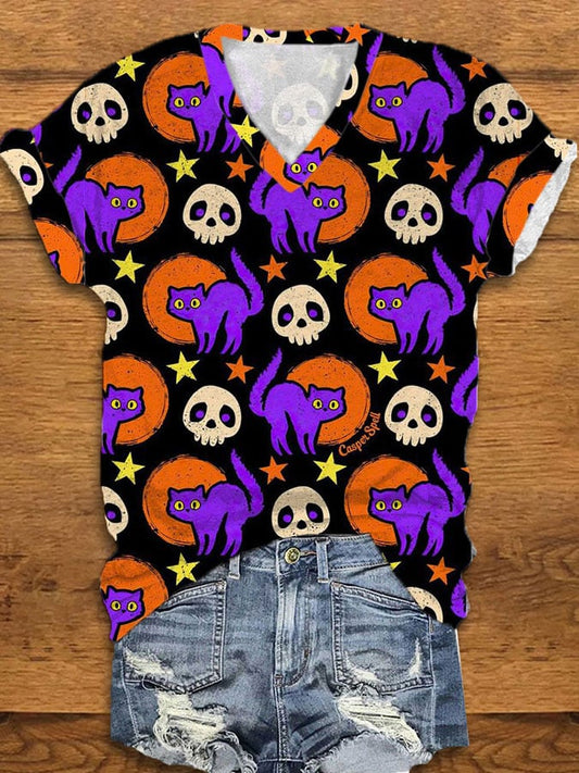 Women's Skull Cat Print V-Neck T-Shirt