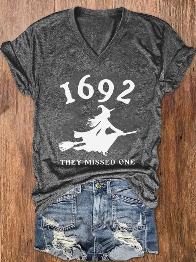 Women's 1692 Witch They Missed One Print V-Neck T-Shirt