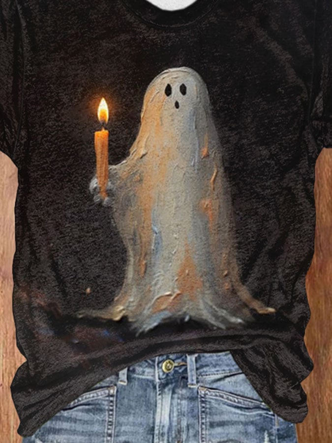 Retro Ghost Painting Candle Print T-Shirt