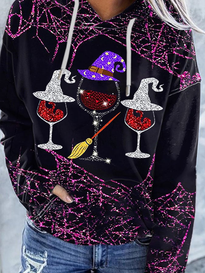 Women'S Casual Halloween Wine Glass Printed Hooded Long-Sleeve Sweatshirt