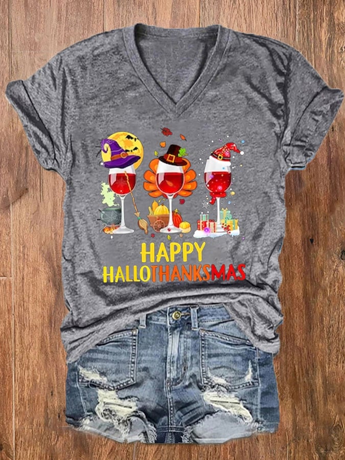 Women's Happy Hallothanksmas Wine Glass Casual V-Neck Tee