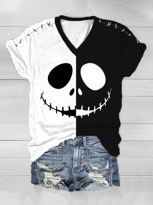 Women's Halloween Grimace Stitched Print V-Neck T-Shirt
