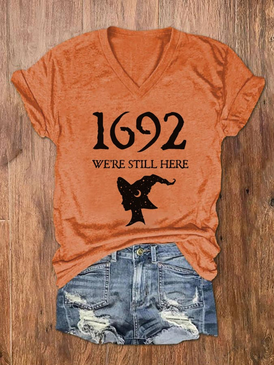 Women's Salem 1692 We're Still Here Print V-Neck T-Shirt