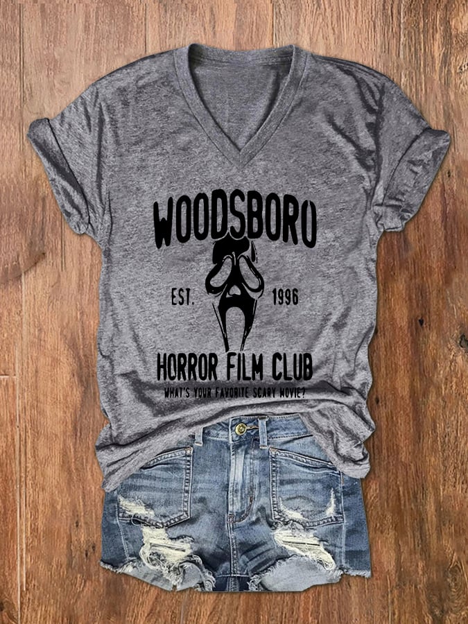 Women's Woodsboro Horror Film Club Scream Ghost Print V-Neck T-Shirt
