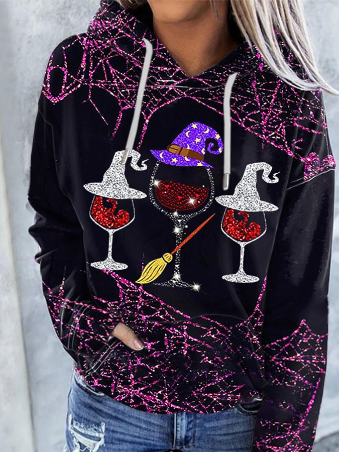 Women'S Casual Halloween Wine Glass Printed Hooded Long-Sleeve Sweatshirt