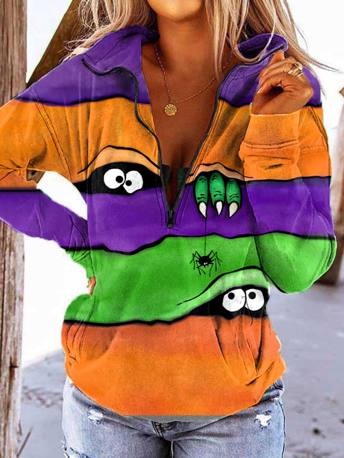 Halloween Peek Monster Stand Collar Zip Sweatshirt