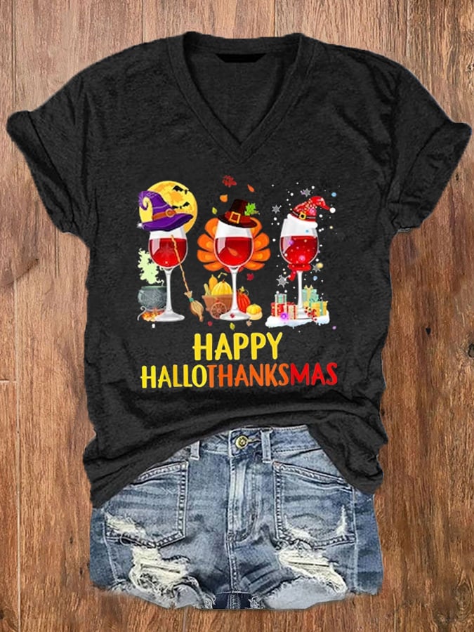 Women's Happy Hallothanksmas Wine Glass Casual V-Neck Tee