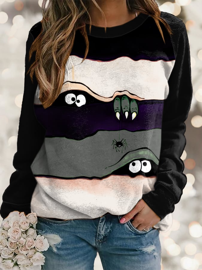 Women's Halloween Peek Monster Print Long Sleeve Sweatshirt