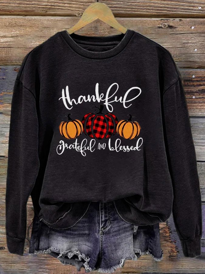Women's Thanksgiving Thankful Grateful Blessed Printed Round Neck Long Sleeve Sweatshirt