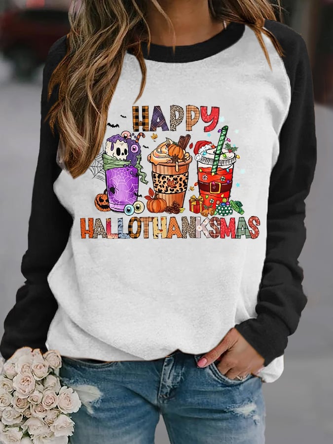 Happy Hallothanksmas Pumpkin Drink Skull Print Sweatshirt