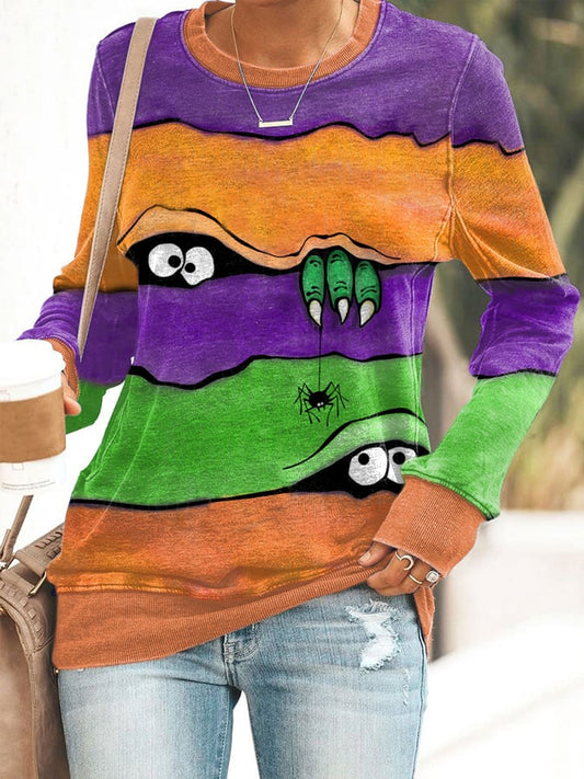 Women's Casual Halloween Peek Monster Print Long Sleeve Sweatshirt