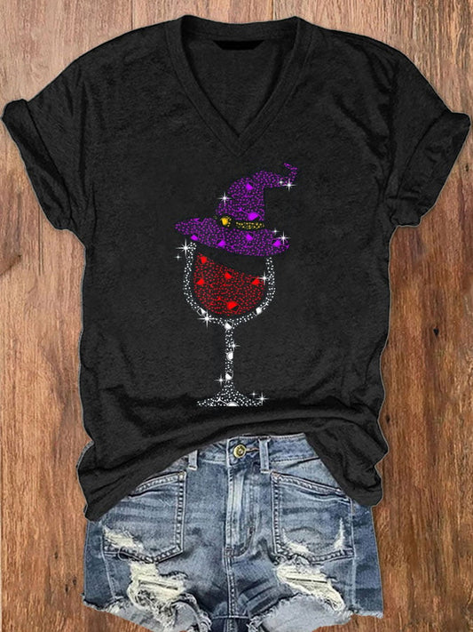 Women's Halloween Red Wine Glass Print V-Neck T-Shirt