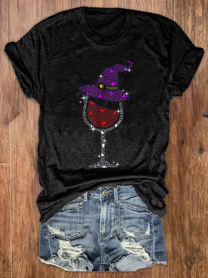 Women's Halloween Red Wine Glass Printed Crew Neck T-Shirt