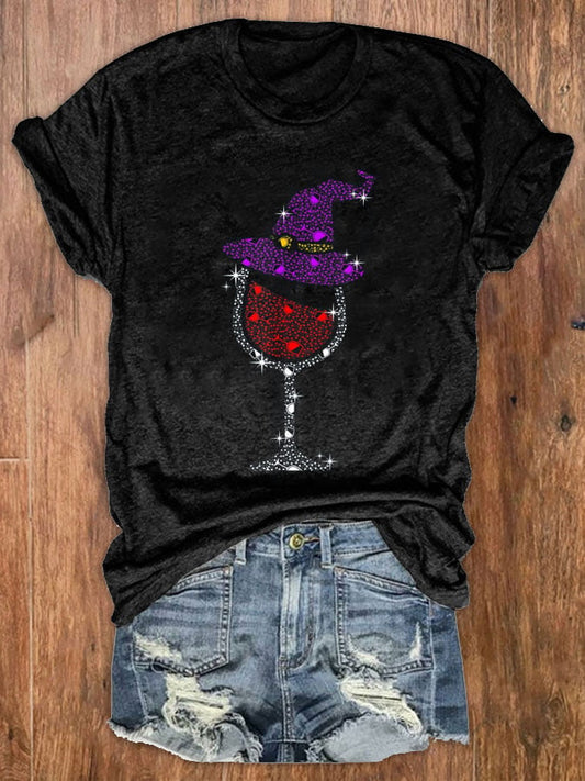 Women's Halloween Red Wine Glass Printed Crew Neck T-Shirt