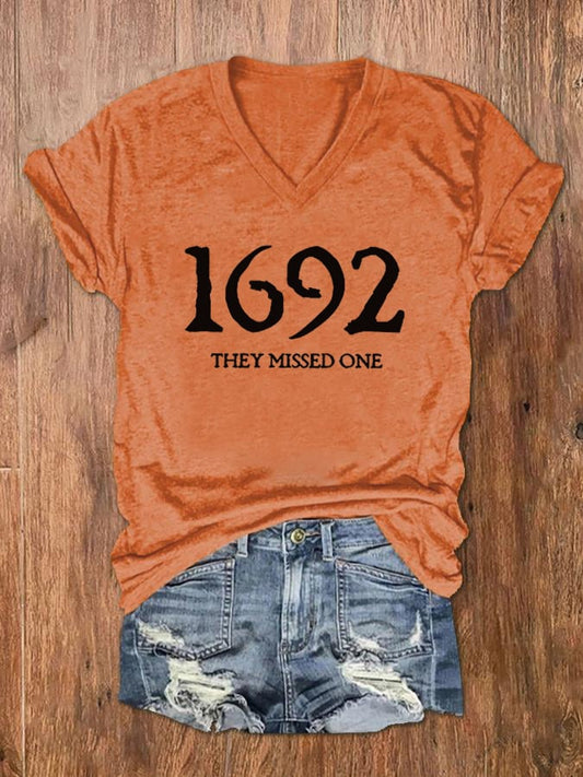 Women's 1692 They Missed One Salem Witch Print V-Neck T-Shirt