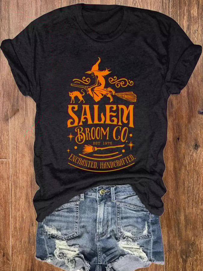 Women's Halloween Salem Broom Company Print O-Neck T-Shirt