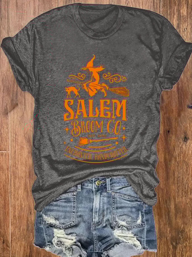 Women's Halloween Salem Broom Company Print O-Neck T-Shirt