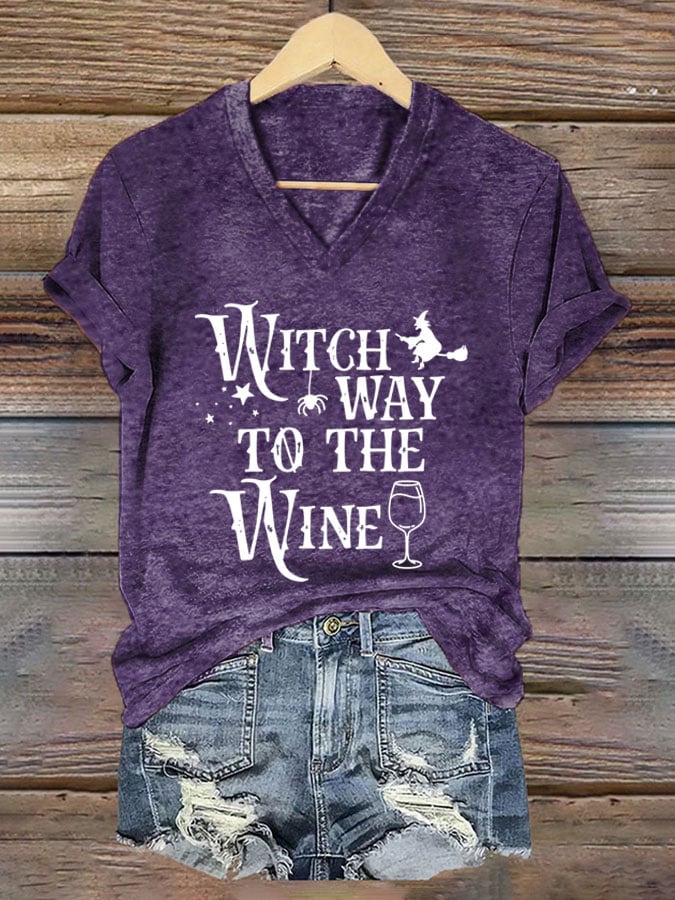 Women's Wicth Way To The Wine Print V-Neck T-Shirt