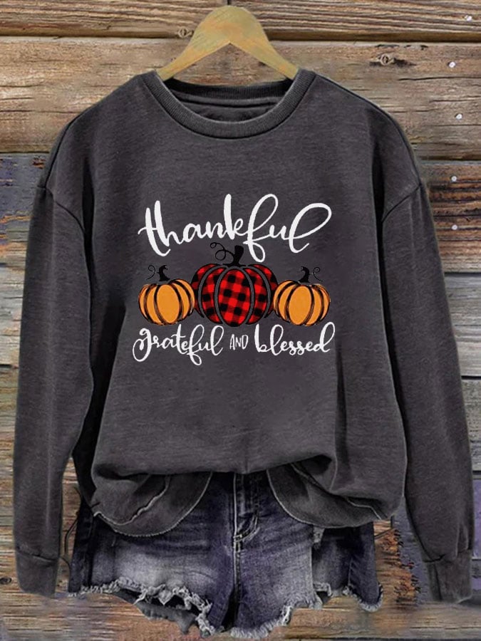 Women's Thanksgiving Thankful Grateful Blessed Printed Round Neck Long Sleeve Sweatshirt