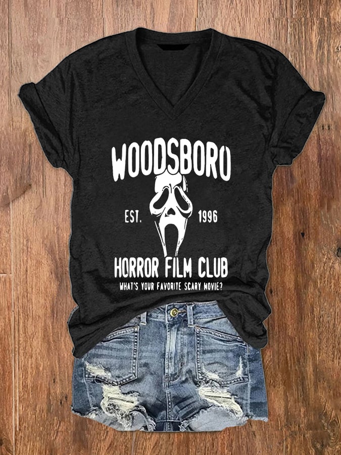 Women's Woodsboro Horror Film Club Scream Ghost Print V-Neck T-Shirt