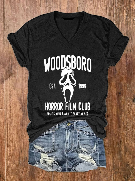 Women's Woodsboro Horror Film Club Scream Ghost Print V-Neck T-Shirt